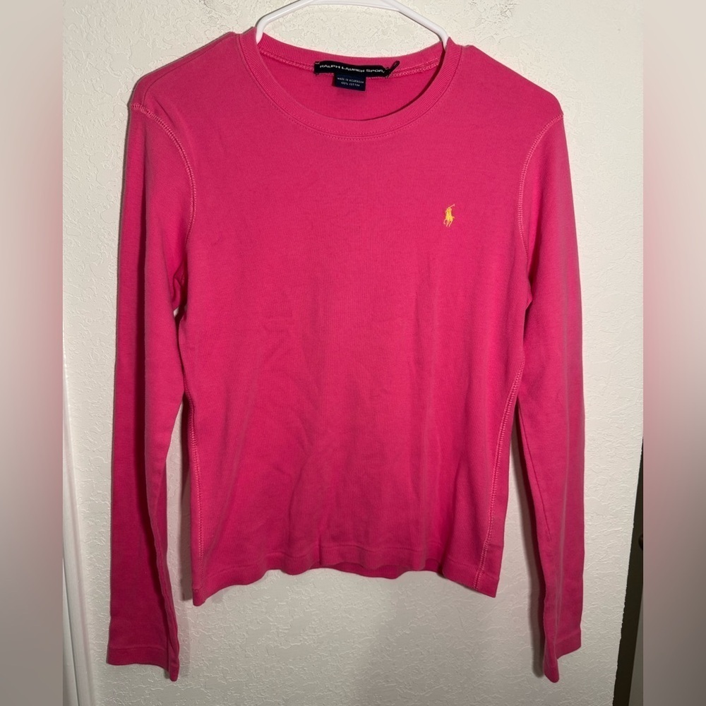 Ralph Lauren Sport Round Neck Long Sleeve Shirt Womens Medium Pink Yellow Logo